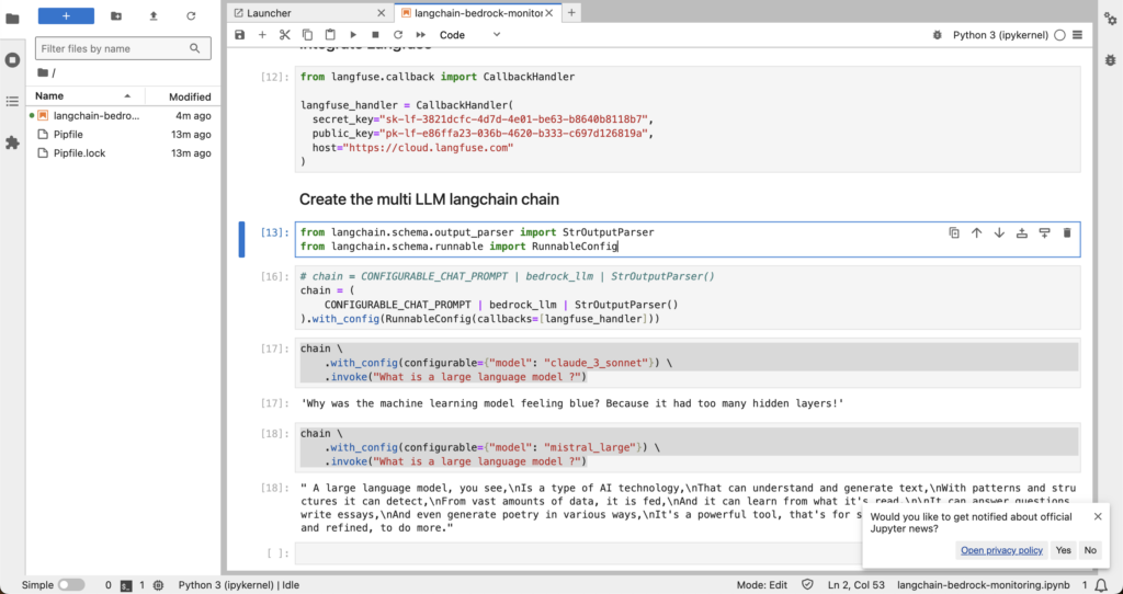 Screenshot of jupyterlab with monitoring code for llm